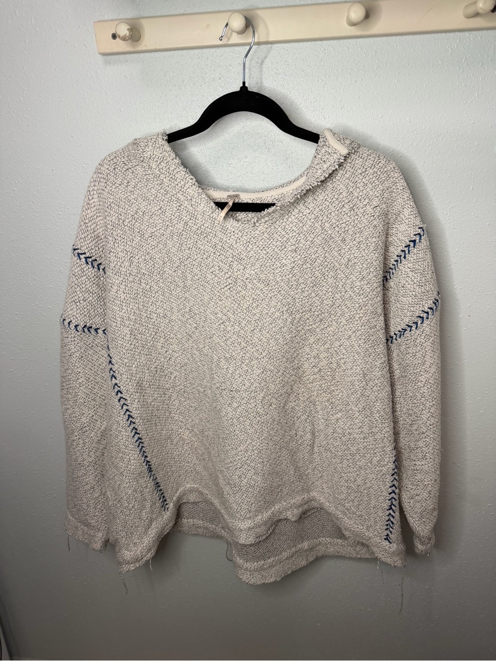Free People Cream Knit Crewneck Sweater with Blue Stitching